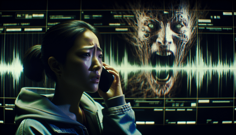 A stylized illustration of a person on a phone call, looking distressed, with a digital sound wave morphing into a malicious AI symbol behind them. The colors are dark and foreboding, conveying a sense of danger and deception. Focus on the concept of AI voice impersonation.