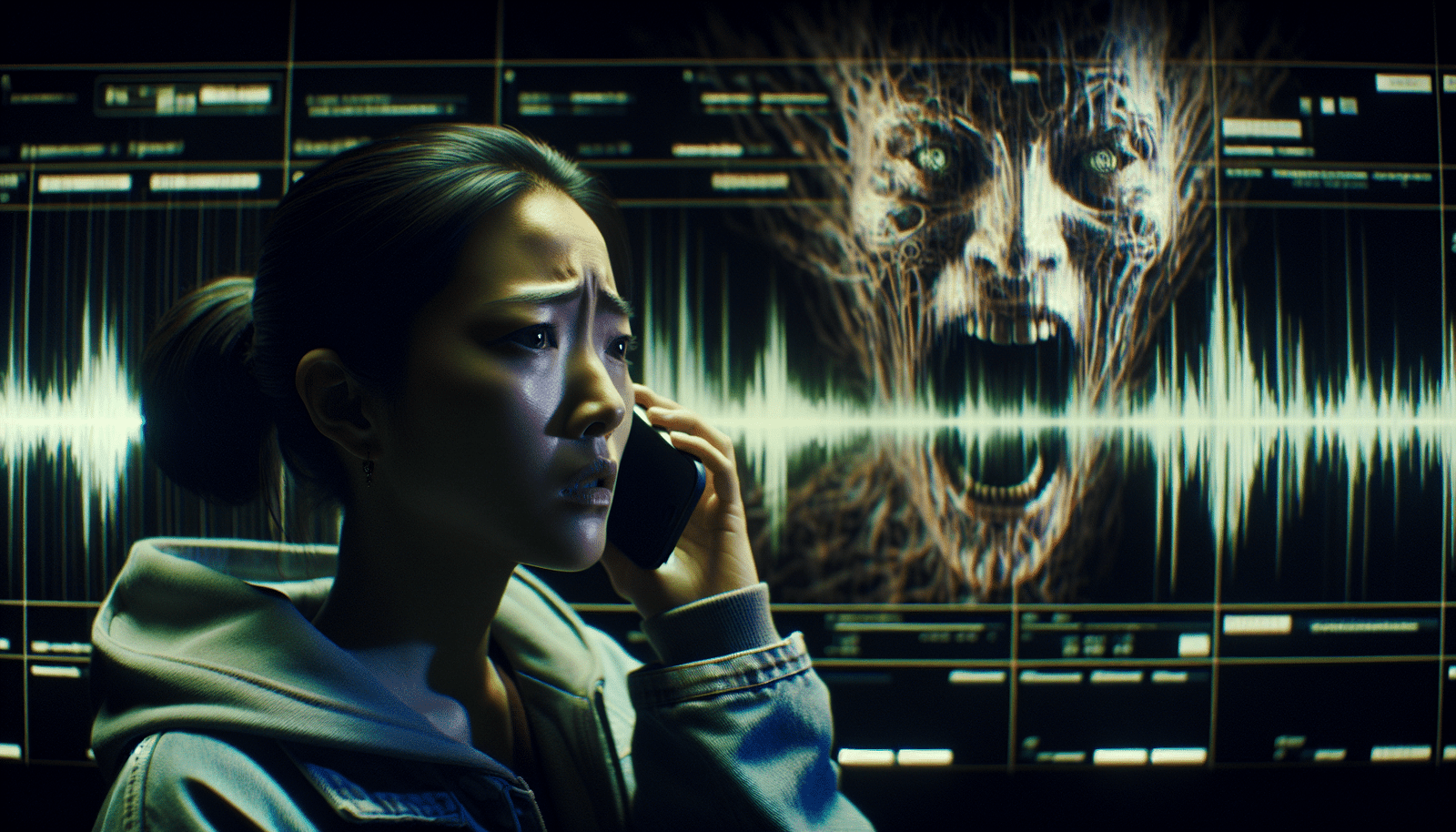 A stylized illustration of a person on a phone call, looking distressed, with a digital sound wave morphing into a malicious AI symbol behind them. The colors are dark and foreboding, conveying a sense of danger and deception. Focus on the concept of AI voice impersonation.