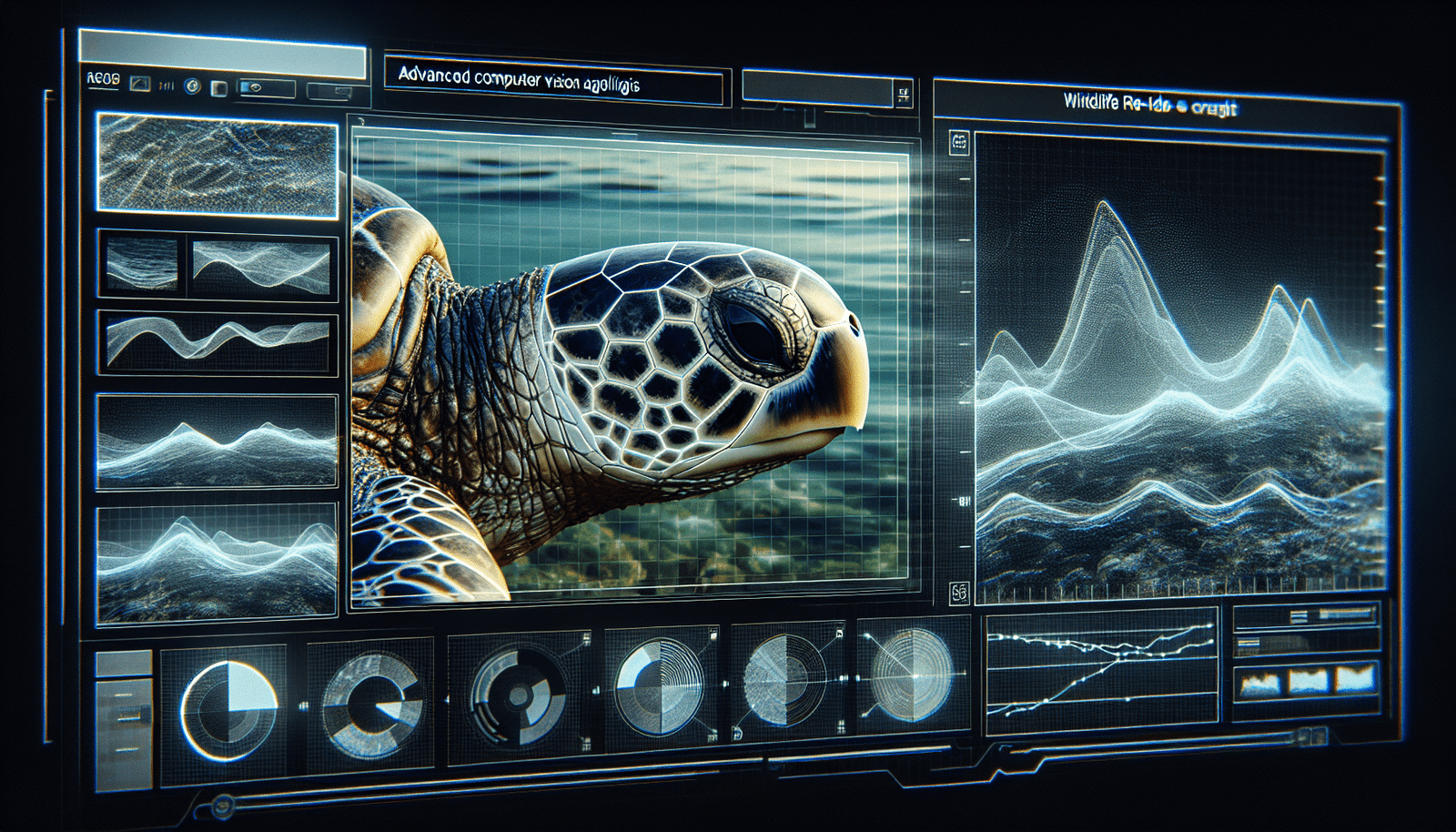 Interface utilisateur futuriste affichant une photo de gros plan d'une écaille de tortue marine. Des algorithmes de vision par ordinateur analysent les motifs, avec des lignes de code et des graphiques de reconnaissance superposés, symbolisant la technologie Wildlife RE-ID. Ambiance cybernétique et naturelle.