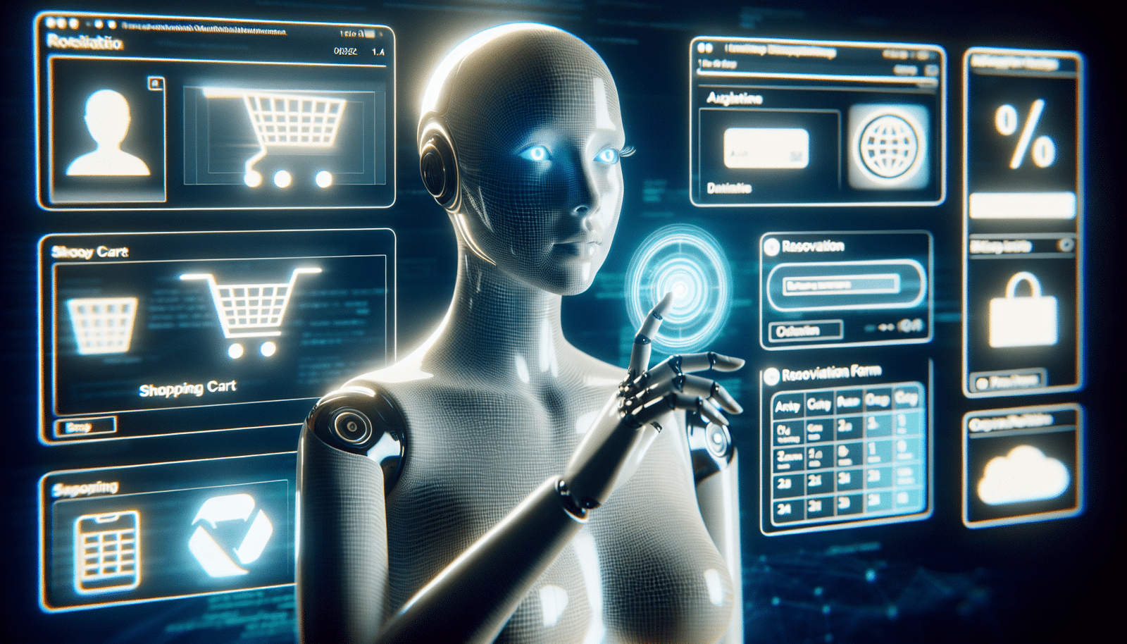 A digital representation of an AI assistant (like a subtle, friendly robot or an ethereal glow) seamlessly interacting with various website elements (shopping cart, reservation form, calendar) on a luminous, futuristic screen, signifying automation and user empowerment.