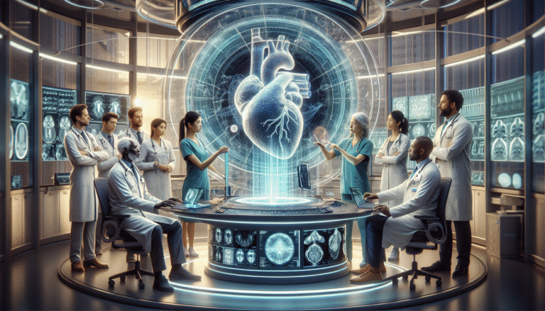 A futuristic medical imaging lab with a holographic heart displaying complex data, surrounded by medical professionals interacting with a sleek AI interface. Focus on innovation, precision, and early detection.