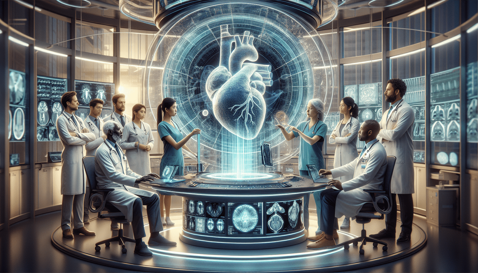 A futuristic medical imaging lab with a holographic heart displaying complex data, surrounded by medical professionals interacting with a sleek AI interface. Focus on innovation, precision, and early detection.