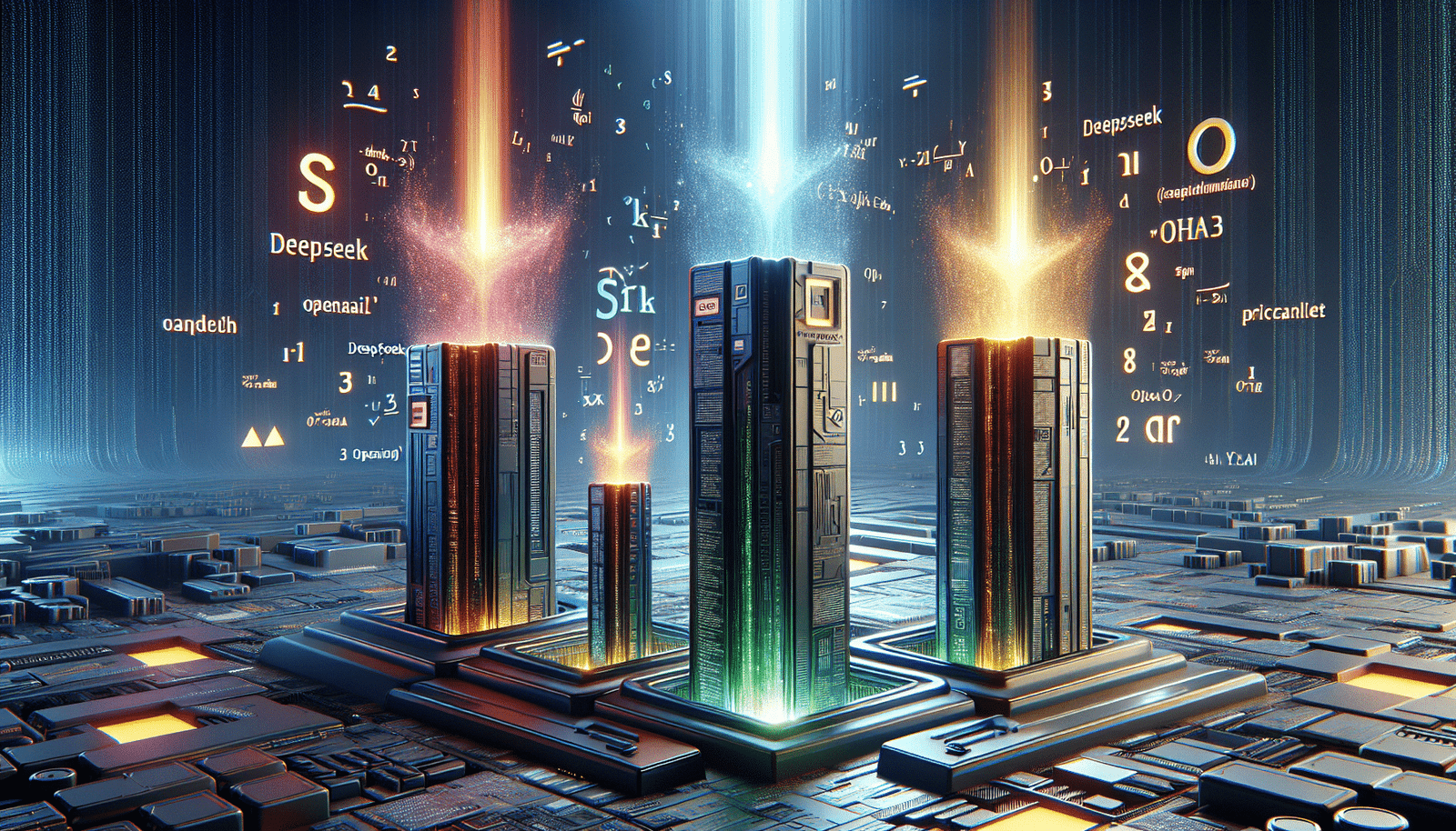 Un graphique stylisé et futuriste en 3D montrant trois piliers lumineux de hauteurs différentes. Le pilier le plus haut, étiqueté "Qwen3", brille intensément, dominant les deux autres, plus bas, étiquetés "DeepSeek" et "OpenAI". Des symboles mathématiques (équations, sigma) et de programmation (crochets, chevrons) flottent autour du graphique, créant une aura de victoire technologique. Les couleurs sont vives et dynamiques, sur un fond de circuit imprimé abstrait.