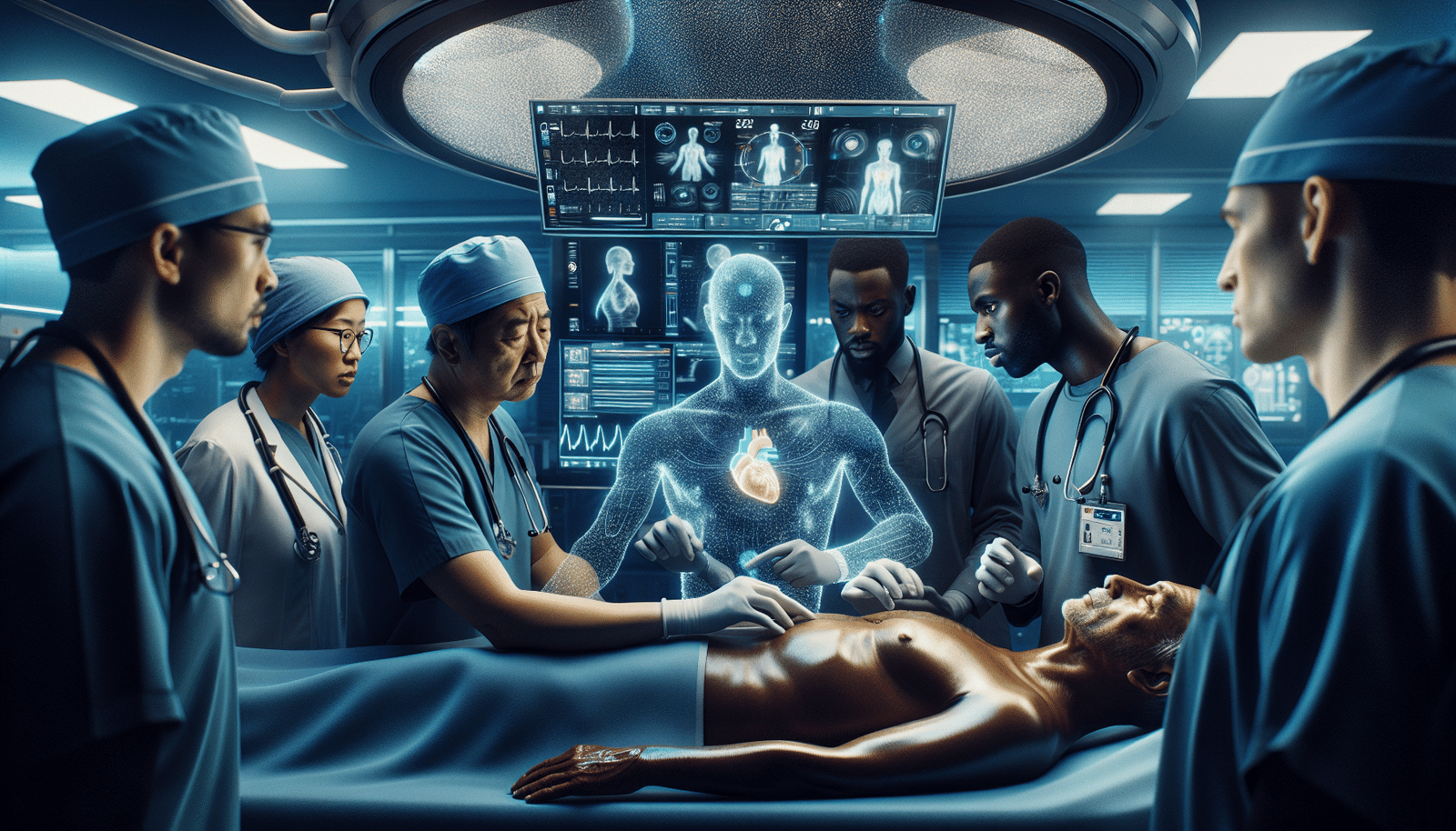 Une équipe médicale autour d'un patient dans un bloc opératoire futuriste, l'un des médecins interagit avec un écran holographique affichant des données cardiaques en temps réel et des analyses IA. Lumières bleues et ambiance de haute technologie médicale.
