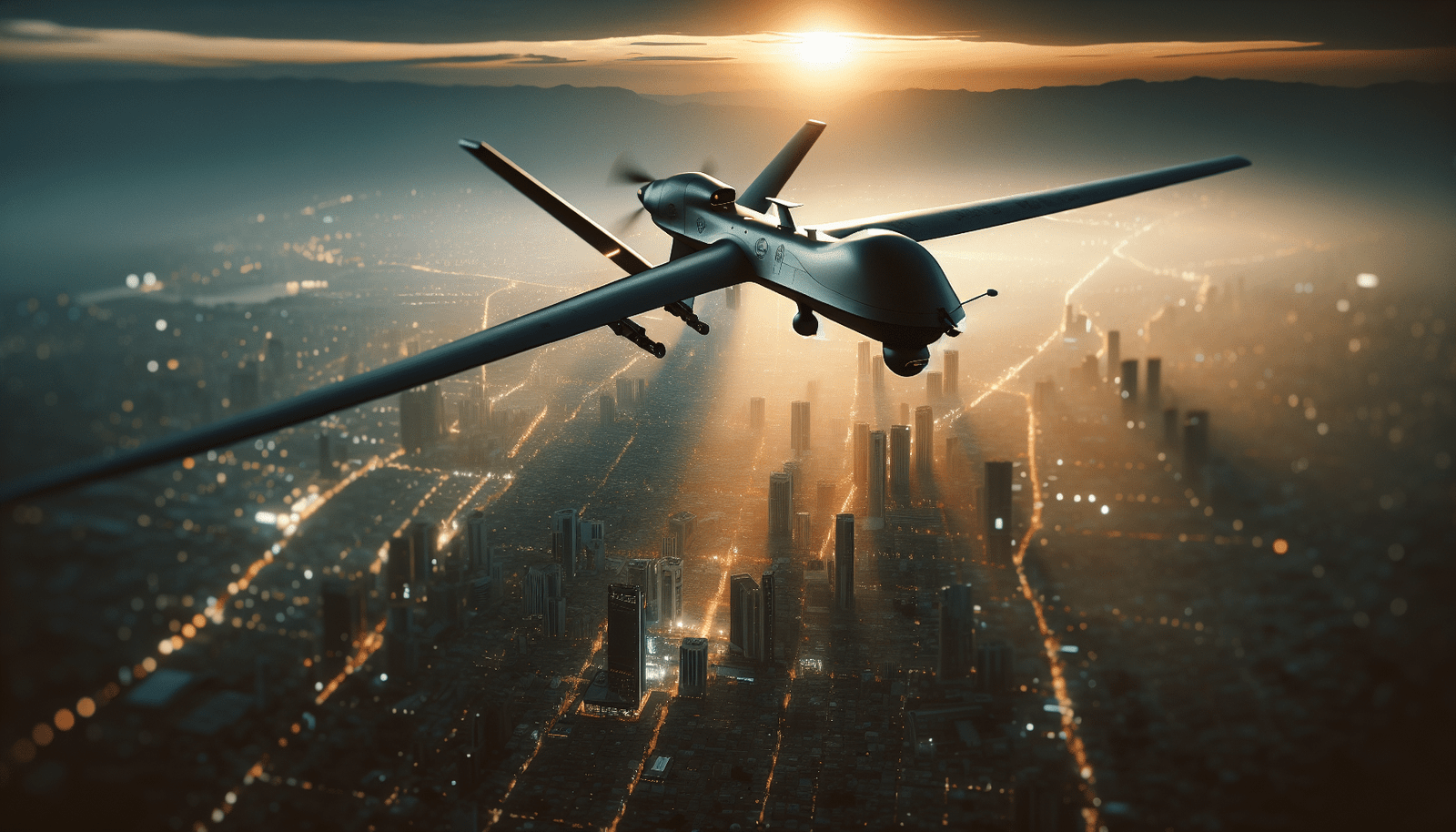 A sleek, stealthy autonomous military drone flying high above a futuristic, high-tech cityscape at dusk, with a faint digital overlay showing AI processing data, dramatic lighting, cinematic, high-resolution.