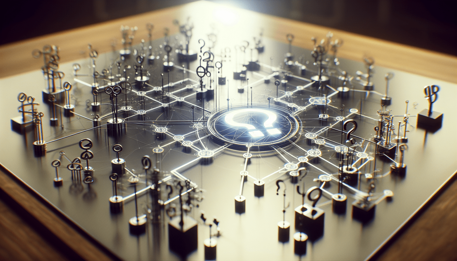 A complex mind map or flowchart with broken links and question marks, representing a lack of clear strategy and coordination in an organizational setting. Elements of AI symbols subtly integrated, showing disarray and confusion, emphasizing the need for clear direction.