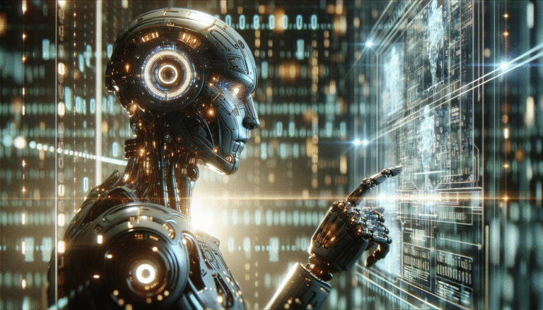 Un cyber-robot sophistiqué avec des circuits lumineux, planifiant une stratégie complexe sur un écran holographique, symbolisant l'autonomie des agents IA dans un environnement de cybersécurité futuriste, avec des données binaires en arrière-plan.
