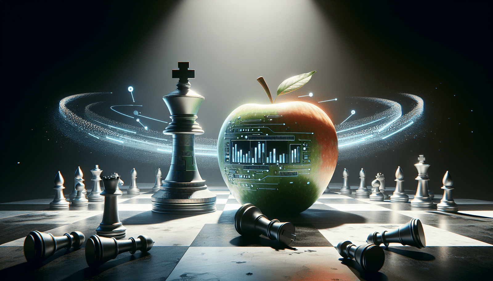 Deux logos d'entreprises (Apple et Meta) représentés comme des géants sur un échiquier numérique, un morceau d'échec tombé près du logo Apple. Des flèches de mouvement de données futuristes.