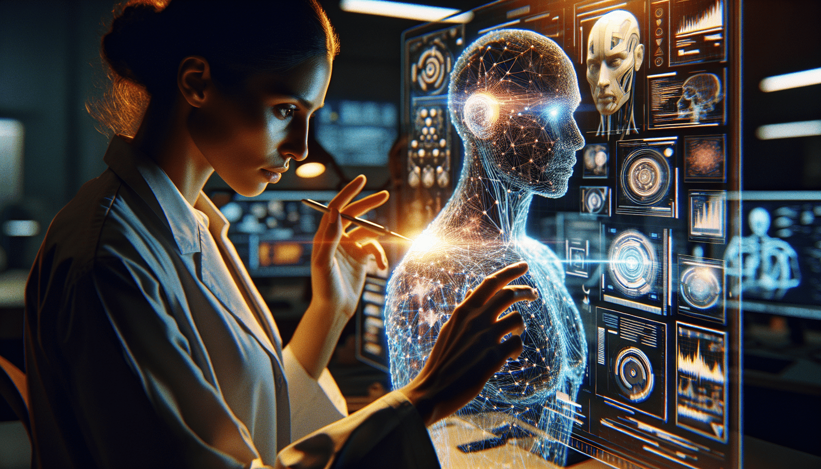 A scientist in a high-tech lab, surrounded by complex data visualizations and holographic projections, working alongside an abstract, glowing AI entity that represents rapid data processing. The image should convey accelerated scientific breakthroughs and collaboration between human intellect and advanced AI, vibrant colors, sci-fi, concept art.