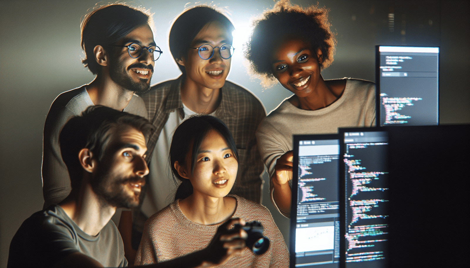Une équipe de jeunes développeurs et chercheurs diversifiés, collaborant avec enthousiasme autour d'écrans affichant du code et des visualisations de données, symbolisant la communauté open source grandissante de Mistral AI et son engagement à construire des interfaces vocales naturelles et quasi-humaines.