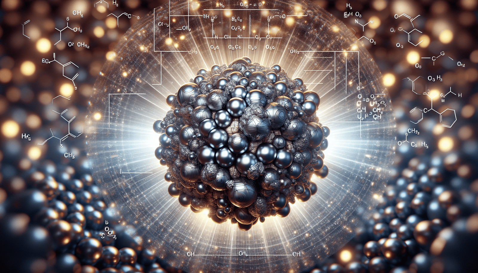 Une représentation macroscopique d'atomes de métaux (fer, bismuth, nickel, étain, zinc) interagissant sur la surface d'un catalyseur, avec une aura lumineuse symbolisant l'efficacité améliorée par l'IA. Des équations chimiques flottent en arrière-plan. Style scientifique, détaillé, couleurs métalliques.