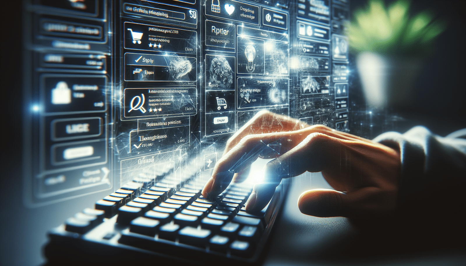 Une interface stylisée de ChatGPT montrant des résultats de recherche de produits avec des images et des prix, superposée à une main tapant sur un clavier d'ordinateur, symbolisant l'efficacité et la simplicité, avec un focus sur l'ergonomie et la rapidité.