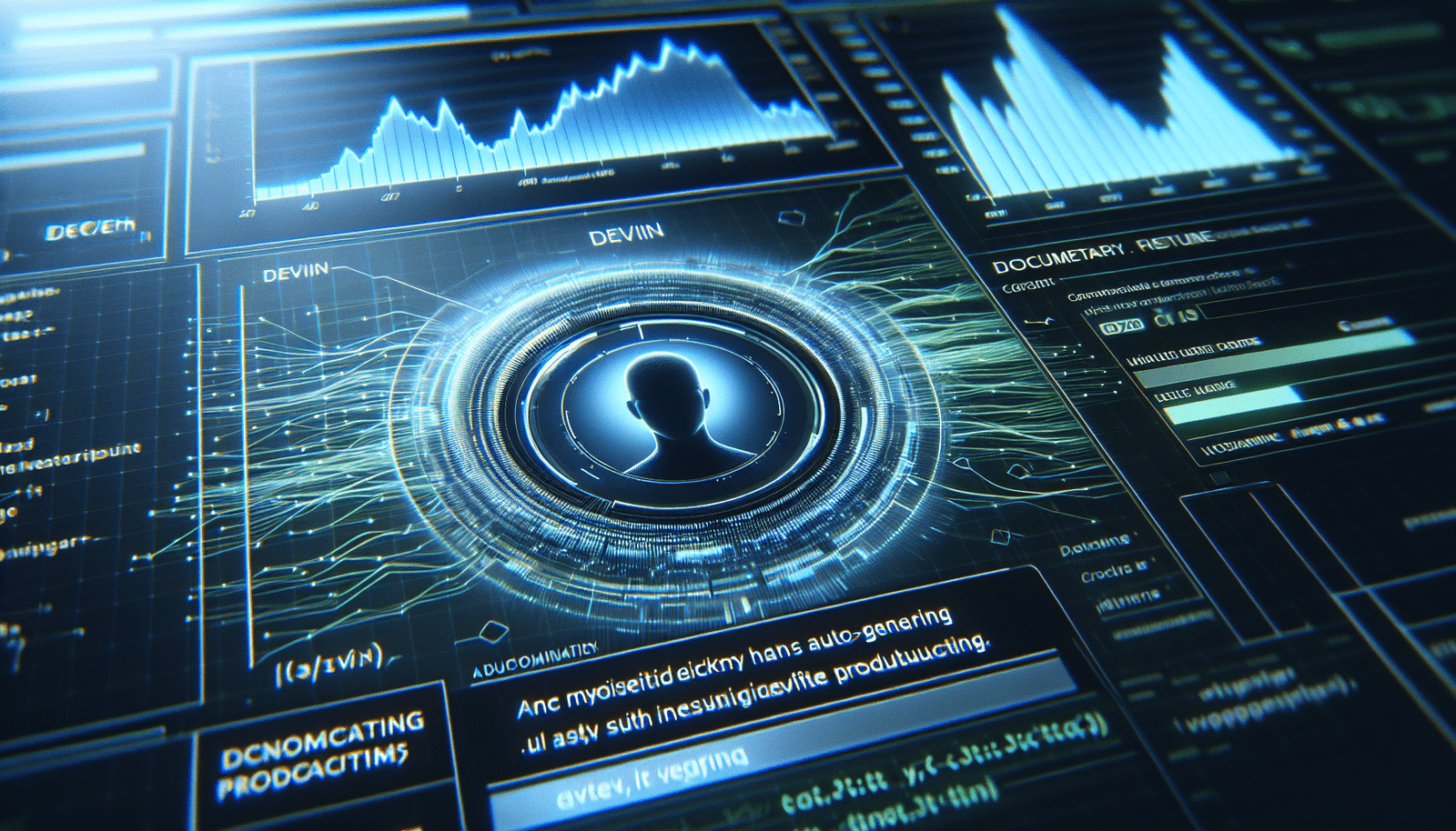 Une interface utilisateur futuriste et épurée montrant des lignes de code complexes se générant automatiquement, avec un petit avatar stylisé de "Devin" en bas de l'écran, symbolisant l'IA en action. Des graphiques de productivité en arrière-plan montant en flèche. Couleurs dominantes bleu et vert.