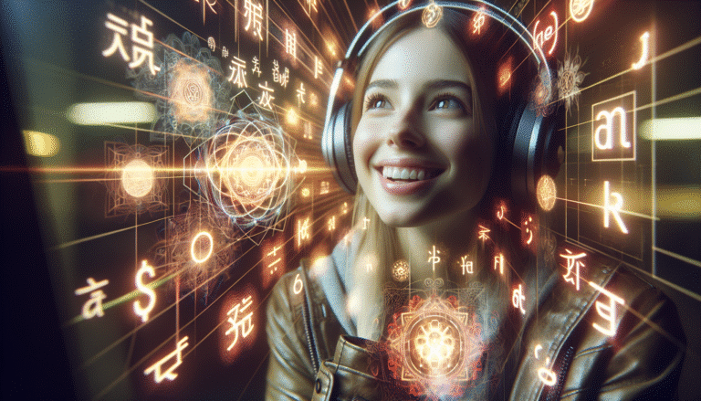 Un étudiant souriant portant des écouteurs, entouré d'hologrammes lumineux représentant différentes langues (chinois, espagnol, arabe, etc.) flottant autour de lui. L'IA est symbolisée par des circuits lumineux intégrés discrètement dans les hologrammes. Style moderne, futuriste, couleurs vives, composition dynamique.