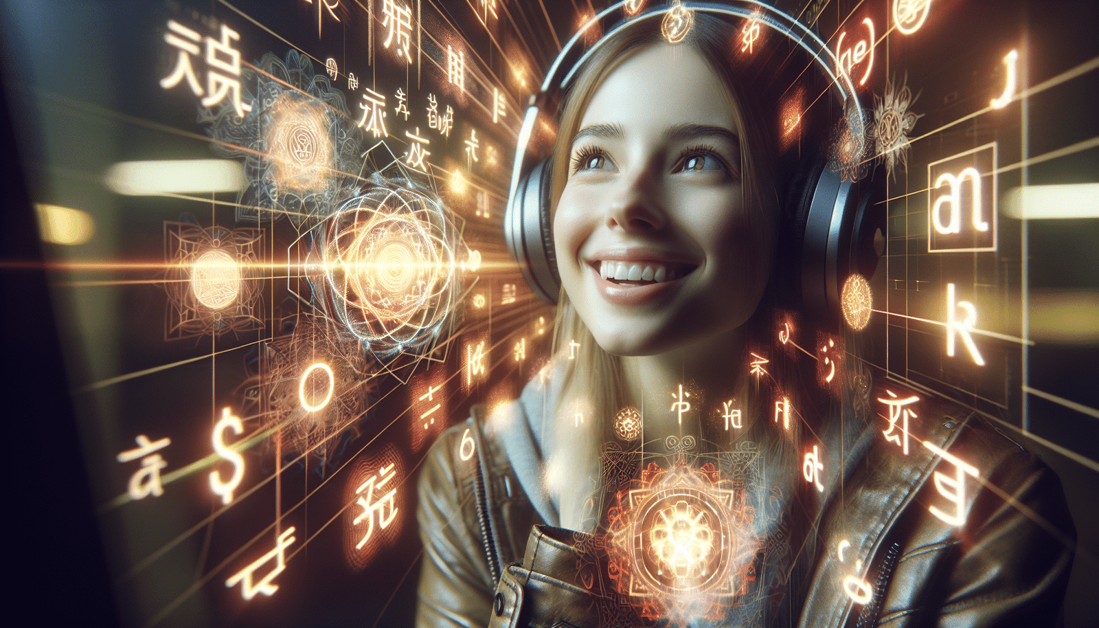 Un étudiant souriant portant des écouteurs, entouré d'hologrammes lumineux représentant différentes langues (chinois, espagnol, arabe, etc.) flottant autour de lui. L'IA est symbolisée par des circuits lumineux intégrés discrètement dans les hologrammes. Style moderne, futuriste, couleurs vives, composition dynamique.