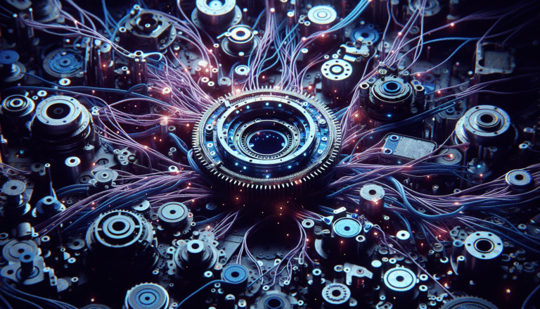 A futuristic scene depicting broken gears and tangled wires amidst glowing AI circuit patterns, symbolizing failed AI projects. Dominant colors: deep blues and purples with hints of red for warning. The mood is one of frustration and complexity, highlighting wasted effort.
