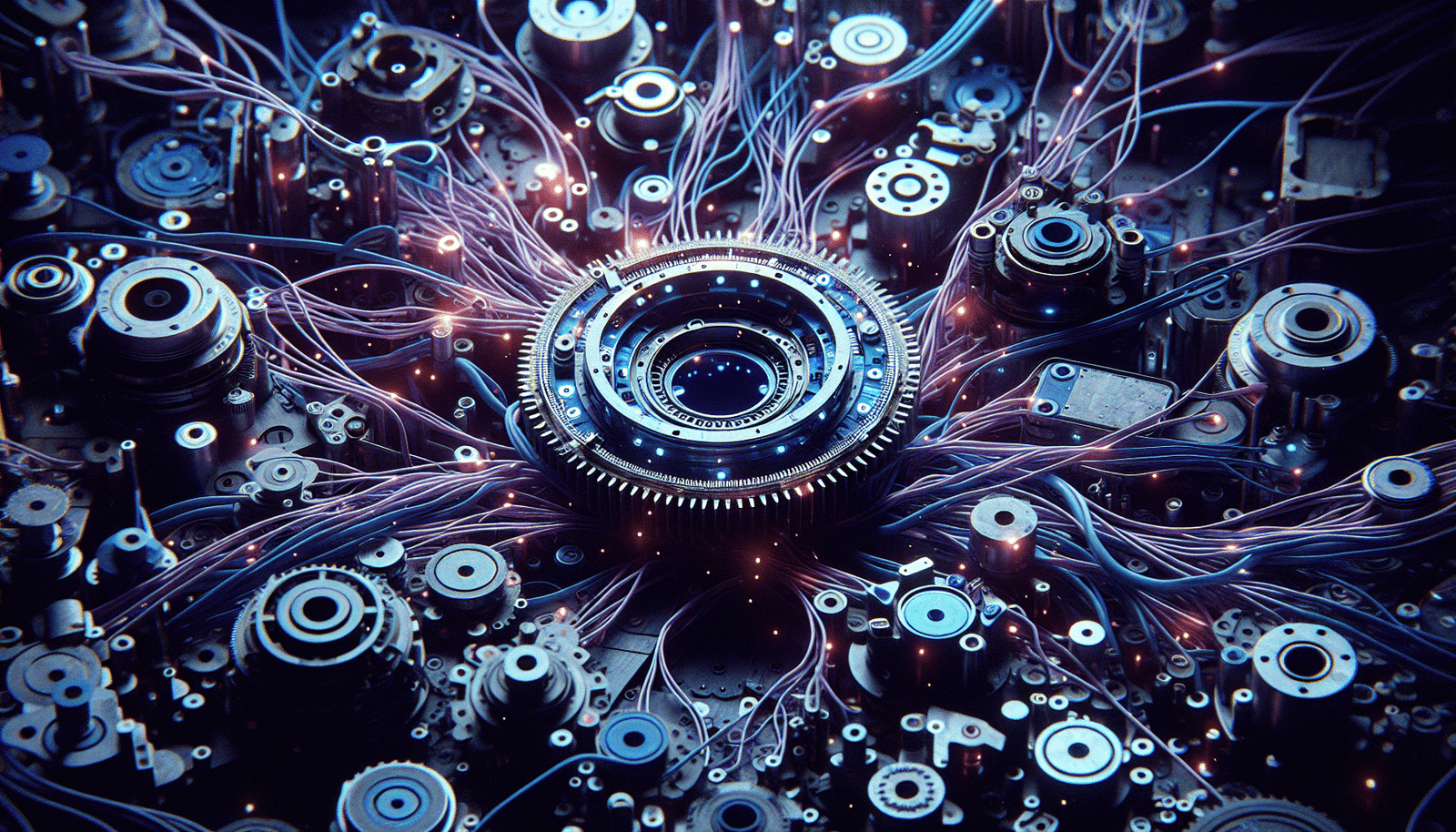 A futuristic scene depicting broken gears and tangled wires amidst glowing AI circuit patterns, symbolizing failed AI projects. Dominant colors: deep blues and purples with hints of red for warning. The mood is one of frustration and complexity, highlighting wasted effort.