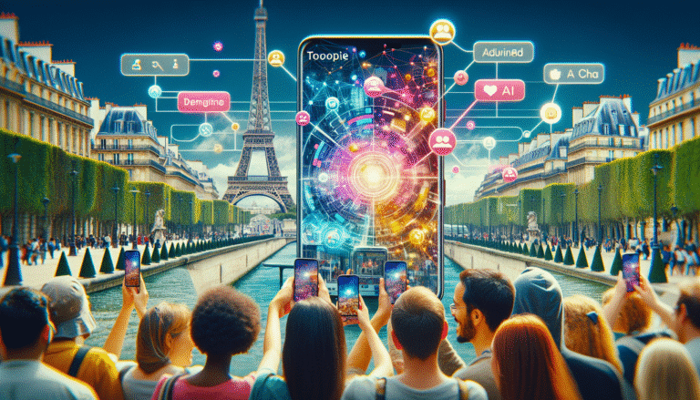 A vibrant, futuristic mobile application interface named "Tootie" displaying a map of Paris with AI chatbot bubbles, surrounded by diverse, happy tourists using smartphones, with iconic landmarks like the Eiffel Tower and Big Ben subtly in the background, digital art style.