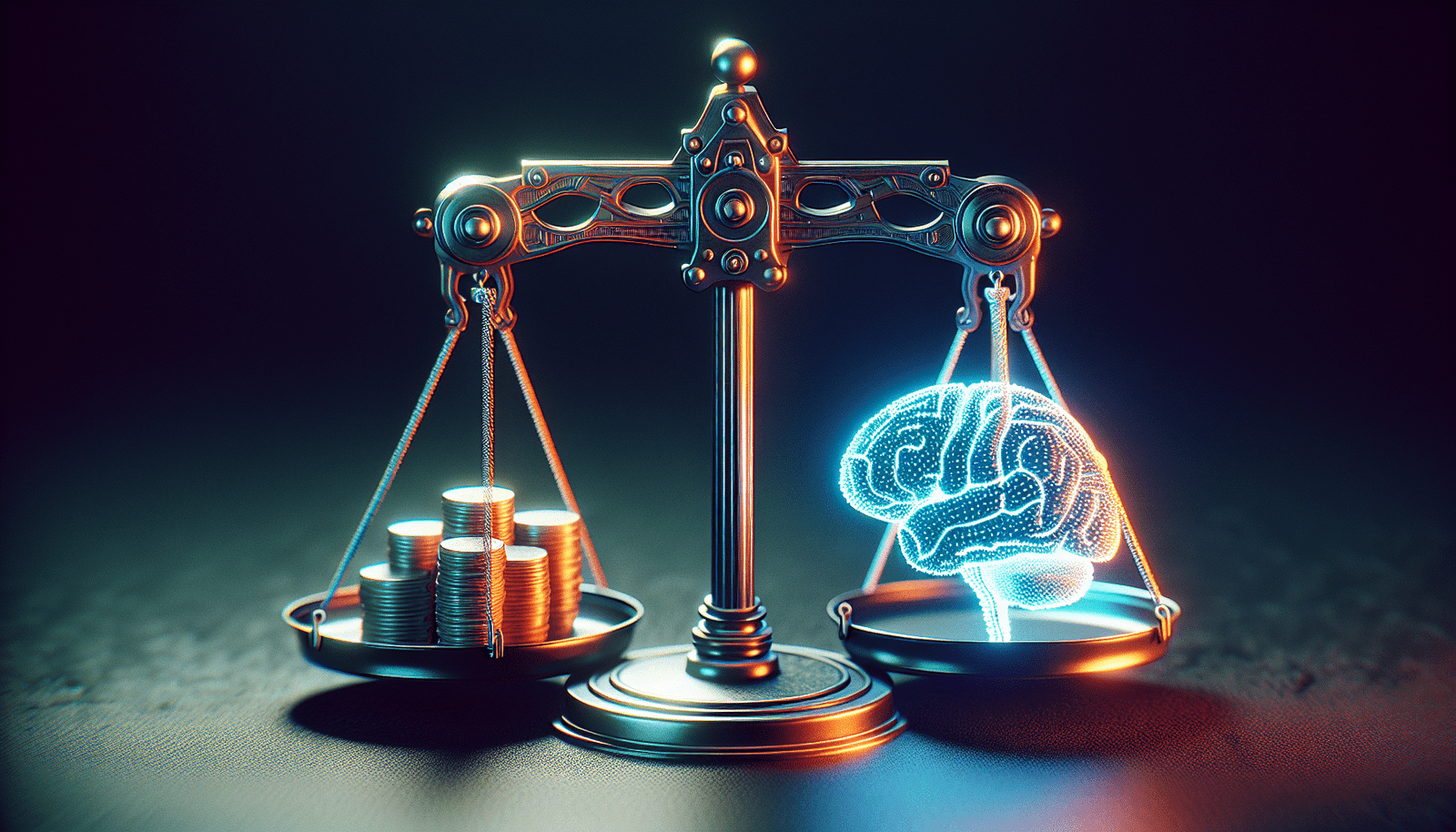 Une balance stylisée avec d'un côté une petite pile de pièces et de l'autre un grand cerveau robotique lumineux. Le cerveau est clairement plus lourd, symbolisant le coût élevé de la technologie IA par rapport à un budget minuscule. Couleurs futuristes, contrastées.