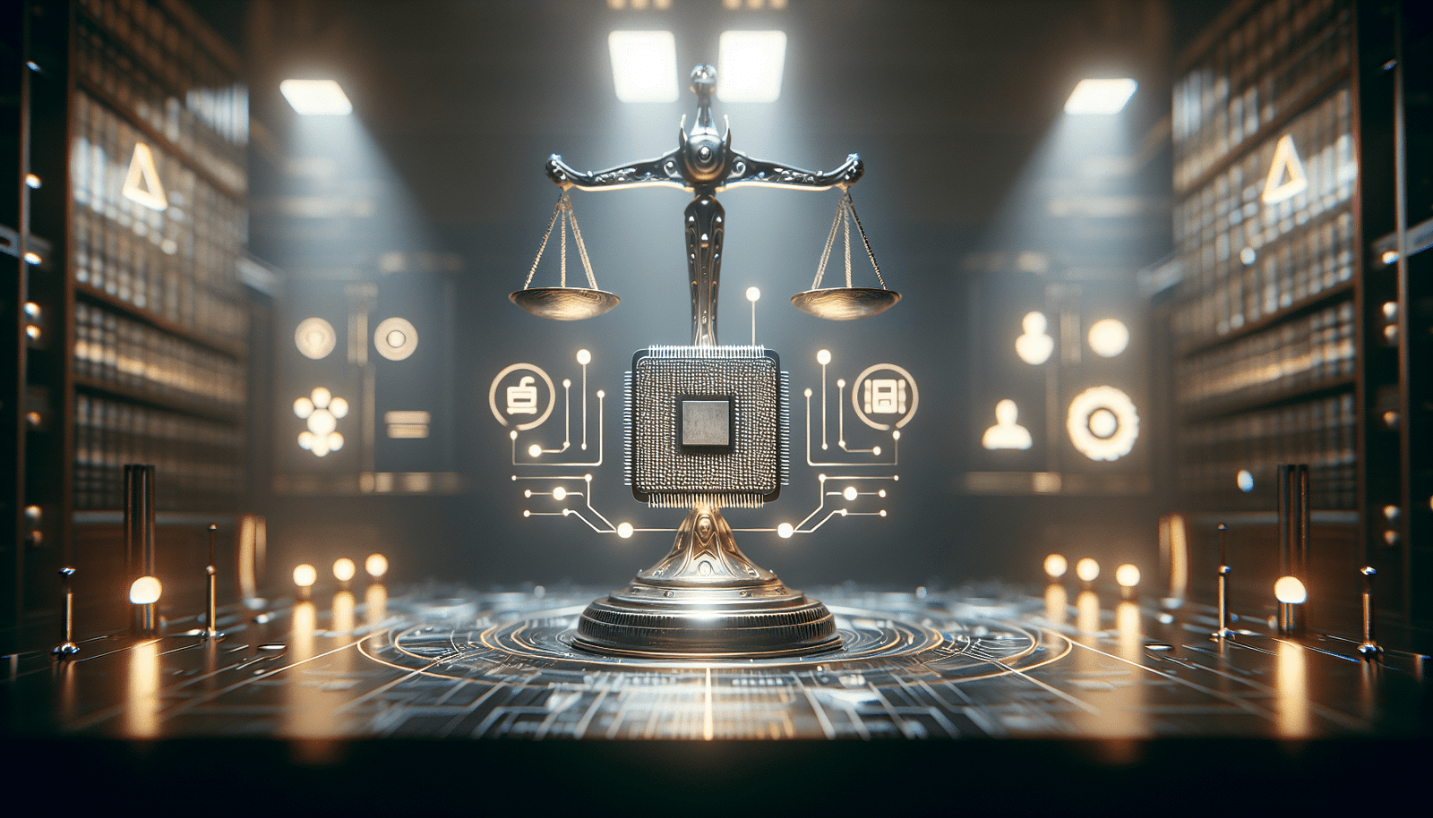 Une illustration abstraite d'une balance de justice penchée vers une puce électronique d'IA, entourée de codes éthiques, de symboles de sécurité des données et d'un halo de lumière. Le style est épuré, moderne et évoque la prudence et l'équilibre.