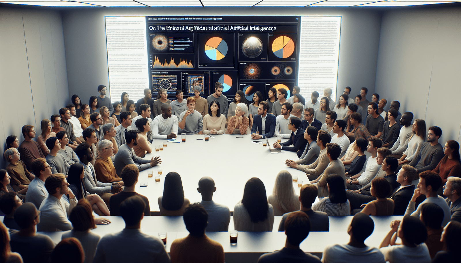 A diverse group of university students and professors engaged in an animated, collaborative discussion around a large, illuminated screen displaying data visualizations related to AI ethics, biases, and job market trends. The setting is modern and intellectual, emphasizing thoughtful debate and problem-solving.