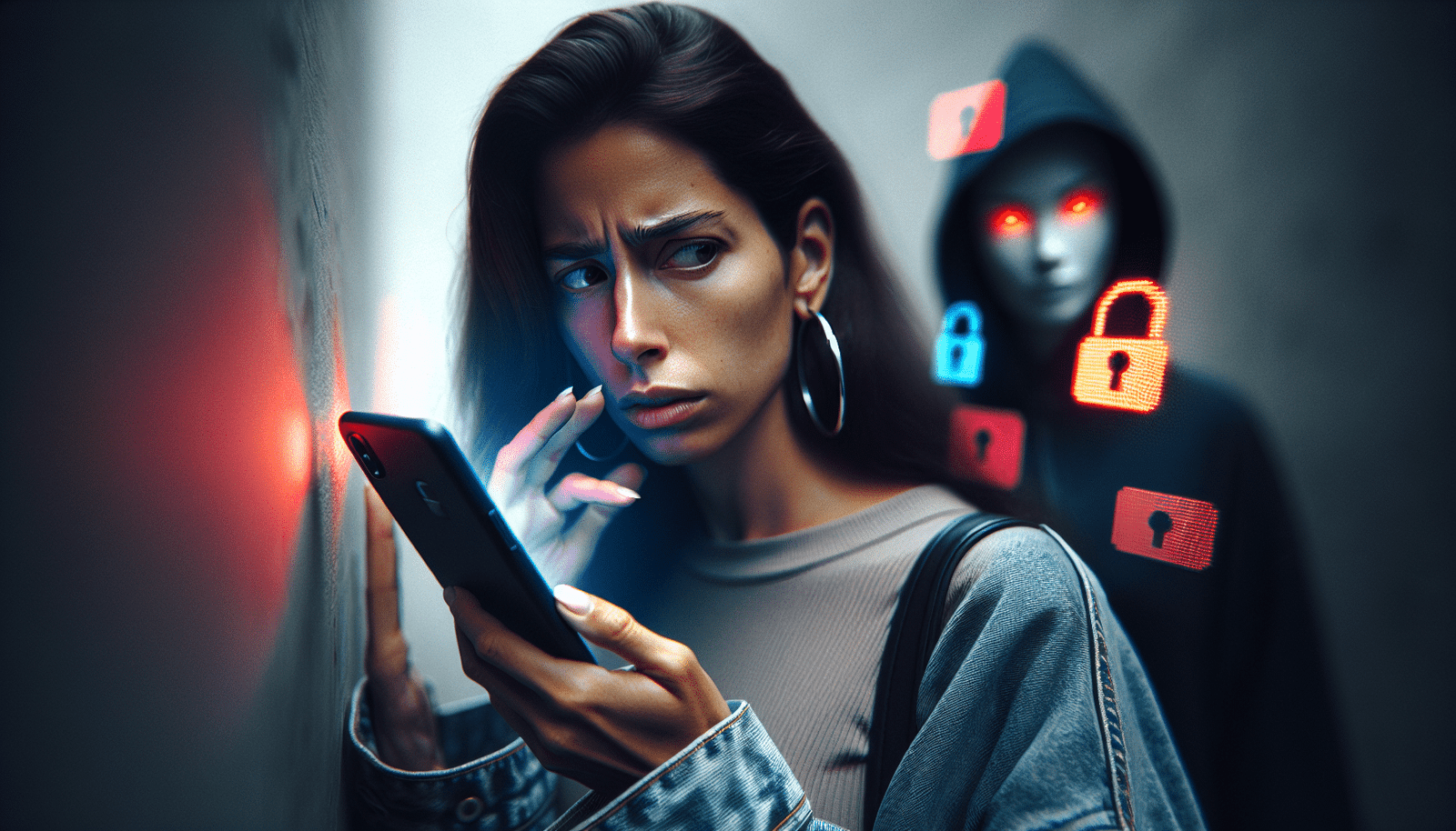 Une personne au téléphone, l'air méfiant, tenant un smartphone où s'affiche un cadenas numérique lumineux. En arrière-plan, des icônes de réseaux sociaux et d'IA s'estompent. Une main protectrice (non-robotique) entoure le téléphone. Lumière d'alerte rouge et bleue symbolisant le danger et la protection.