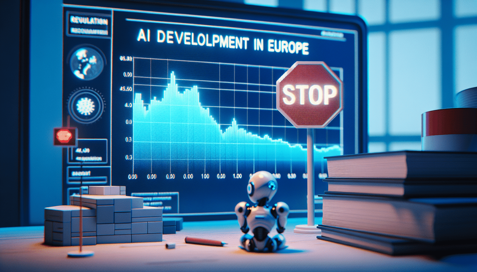 Un graphique stylisé montrant une ligne de développement de l'IA en Europe qui chute brutalement après un signe "STOP" symbolisant la régulation, avec un petit robot pensif observant la scène. Couleurs froides, légèrement futuriste.
