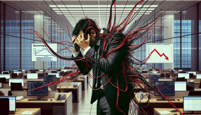 A frustrated business executive staring at a complex, tangled web of red and black wires representing failed AI projects, with graphs showing declining ROI in the background. Gloomy, corporate setting, digital interface overlay.