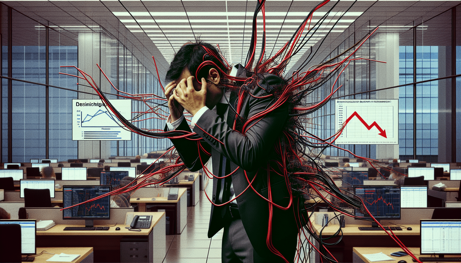 A frustrated business executive staring at a complex, tangled web of red and black wires representing failed AI projects, with graphs showing declining ROI in the background. Gloomy, corporate setting, digital interface overlay.