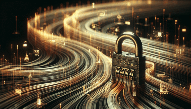 A stylized image showing a padlock with "123456" etched on it, superimposed over a digital representation of flowing personal data. Cybernetic elements hint at AI, with McDonald's golden arches subtly in the background, implying vulnerability. Focus on the shocking simplicity contrasting with the vast data at risk. Dark, serious tone with a touch of irony.