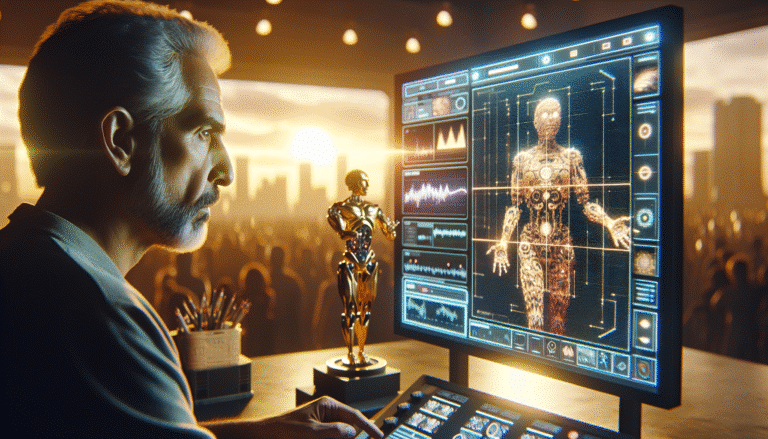 Un plateau de tournage futuriste où des drones IA assistent le tournage, un réalisateur regarde un écran de contrôle avec des visualisations de données IA, et un oscar stylisé avec des circuits imprimés lumineux en arrière-plan. Lumière dramatique et tons futuristes. Style photoréaliste, ultra détaillé.