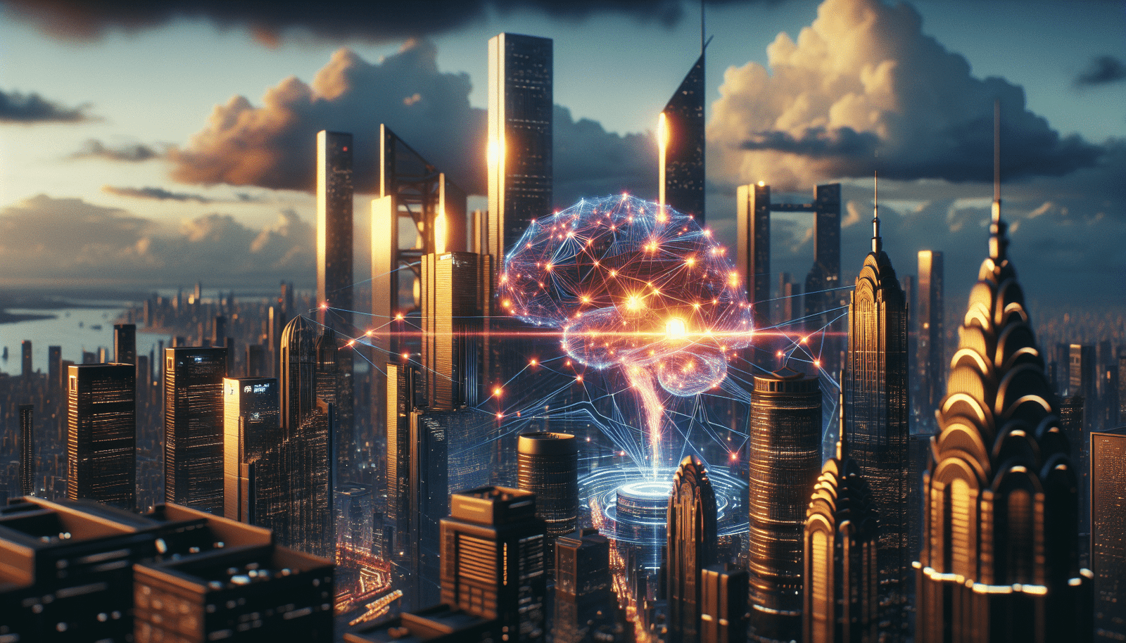 A vibrant, futuristic cityscape at dusk, with digital data streams flowing between towering skyscrapers. In the foreground, a stylized, glowing brain or network node represents AI, with subtle Chinese architectural elements integrated. The overall mood is innovative, competitive, and forward-looking, with a touch of mystery. Highly detailed, cinematic lighting.