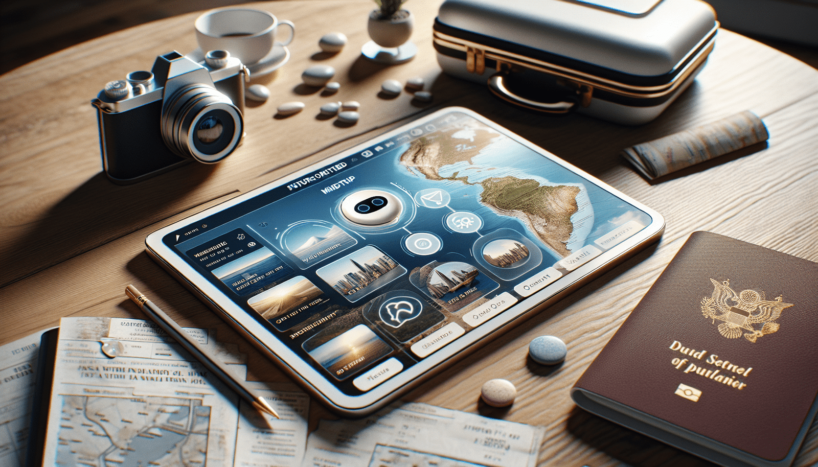 Interface utilisateur élégante et futuriste de l'application Mindtrip affichée sur une tablette posée sur une table basse, entourée d'éléments de voyage comme un passeport et une petite valise. L'écran de la tablette montre des cartes interactives, des photos haute résolution et une bulle de chat d'un bot IA amical, le tout baigné dans une lumière naturelle, évoquant une atmosphère de planification de voyage détendue et inspirante.