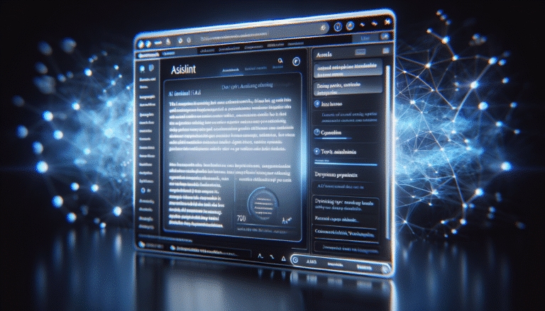 A sleek, futuristic web browser interface with an open AI assistant sidebar. The sidebar shows dynamic text analysis of a complex article, with key points highlighted and a concise summary appearing below. The background is a glowing blue digital network, emphasizing connectivity and intelligence.