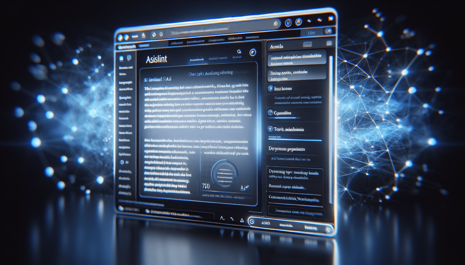 A sleek, futuristic web browser interface with an open AI assistant sidebar. The sidebar shows dynamic text analysis of a complex article, with key points highlighted and a concise summary appearing below. The background is a glowing blue digital network, emphasizing connectivity and intelligence.
