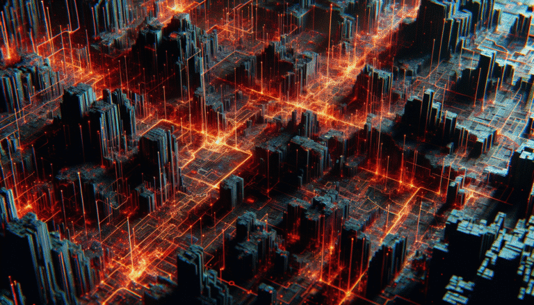 A dark, digital landscape with orange glowing lines forming a complex network, disrupted by flickering red code and fractured connections, symbolizing a cyberattack on a major telecommunications infrastructure. Focus on intricate, abstract network patterns and a sense of disruption and chaos.