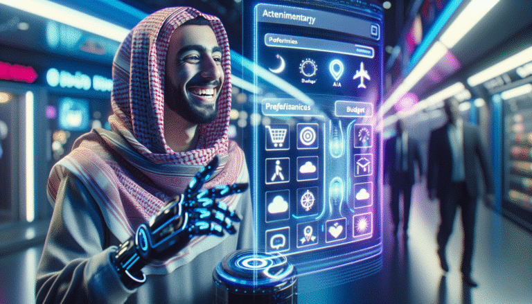 Un voyageur souriant interagit avec un assistant virtuel IA via une interface holographique, affichant un itinéraire de voyage ultra-personnalisé avec des icônes pour les préférences, le budget et la météo. L'ambiance est futuriste et optimiste, avec des teintes bleues et violettes dominantes.