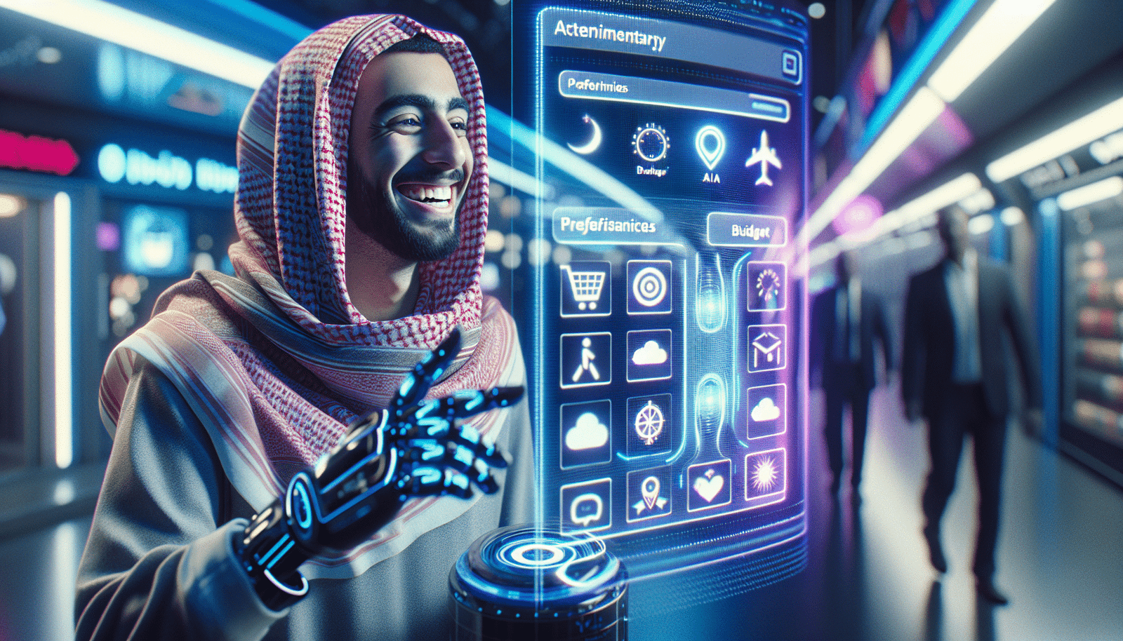 Un voyageur souriant interagit avec un assistant virtuel IA via une interface holographique, affichant un itinéraire de voyage ultra-personnalisé avec des icônes pour les préférences, le budget et la météo. L'ambiance est futuriste et optimiste, avec des teintes bleues et violettes dominantes.