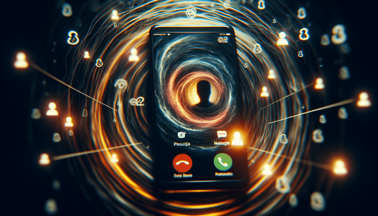 A dark, abstract illustration of a smartphone screen displaying a fake caller ID, surrounded by swirling digital data representing voices and personal information. A subtle overlay of social media icons suggests the source of the data. The overall mood is one of deception and digital vulnerability.