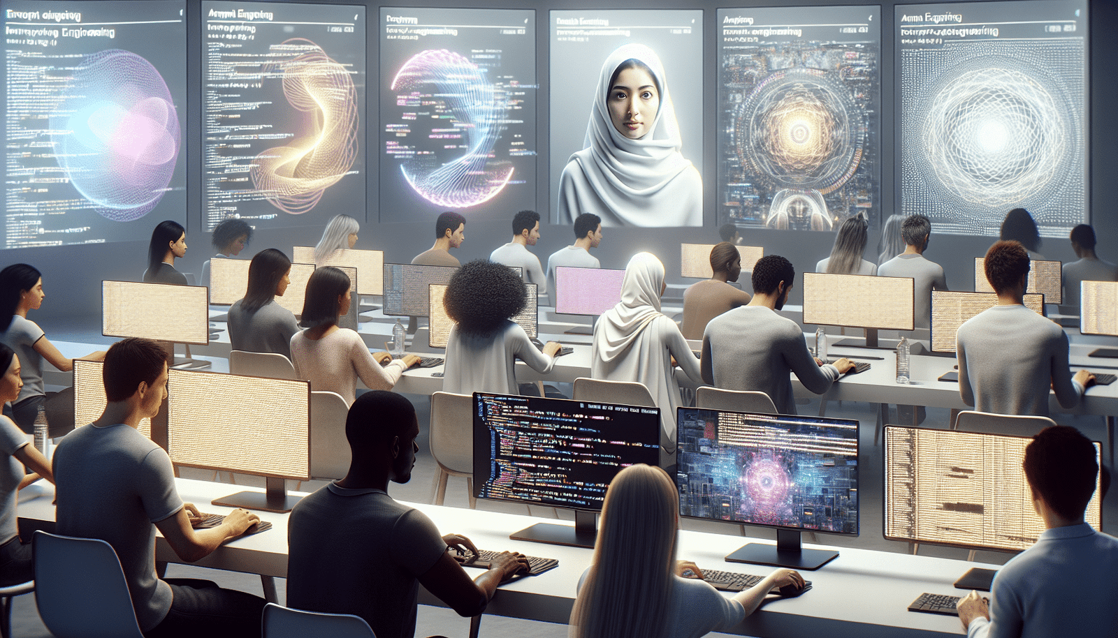 A bright, futuristic classroom setting. Diverse individuals of all ages are engaged with screens displaying AI code, neural networks, and generative art. A central figure is expertly typing, demonstrating "prompt engineering", with lines of text flowing into complex visual outputs. The atmosphere is collaborative and forward-looking, emphasizing continuous learning. Style: clean, modern, inspiring, focus on human empowerment through AI skills.