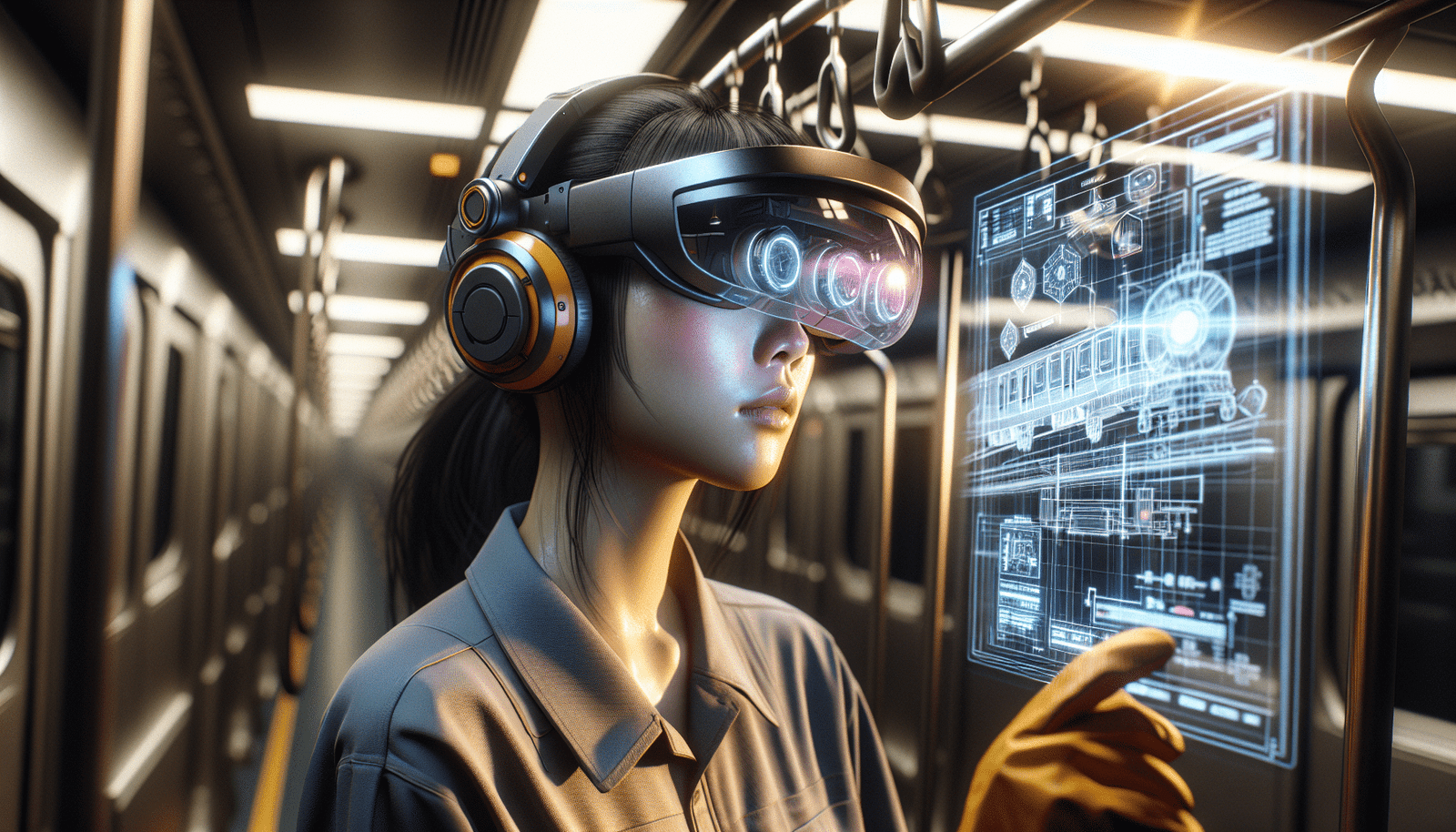 A RATP maintenance technician wearing a futuristic AR headset, working on complex metro train equipment. Holographic schematics and data points float in front of their eyes, illustrating an immersive and efficient training environment, detailed and realistic.