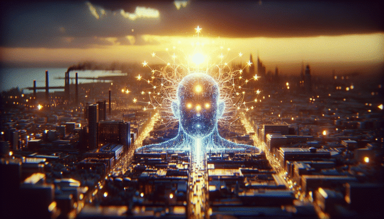 Une illustration futuriste et éthérée représentant l'Union Européenne symbolisée par des étoiles stylisées, entourant une entité IA sous forme de réseau lumineux, le tout baigné dans une lumière douce symbolisant la régulation et la confiance. Couleurs bleues et dorées dominantes, style high-tech et sécurisant.