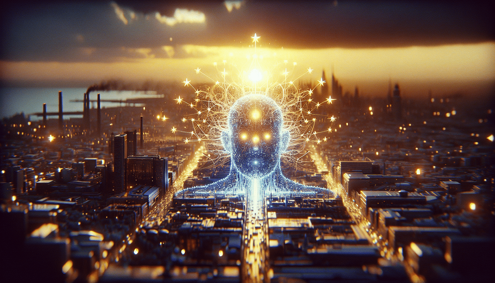 Une illustration futuriste et éthérée représentant l'Union Européenne symbolisée par des étoiles stylisées, entourant une entité IA sous forme de réseau lumineux, le tout baigné dans une lumière douce symbolisant la régulation et la confiance. Couleurs bleues et dorées dominantes, style high-tech et sécurisant.