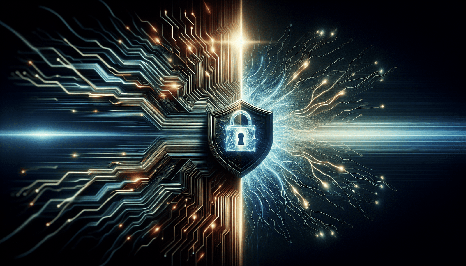 A futuristic, dynamic split image. On one side, rapidly advancing AI circuits and abstract data streams symbolize innovation and speed. On the other side, a glowing digital shield and padlock icon represent security and regulation. A subtle, connecting light beam between them symbolizes the delicate balance. The style should be modern, clean, and thought-provoking, perhaps with a slight motion blur effect on the innovation side.
