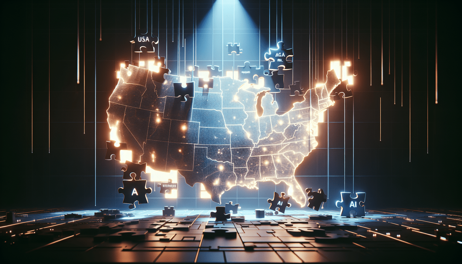 A visual metaphor of a giant, glowing "USA" map symbolically pulling together smaller, fragmented puzzle pieces labeled "AI regulation," conveying a sense of national unity and central control over technology. The background should be clean, modern, and slightly abstract to highlight the concept.