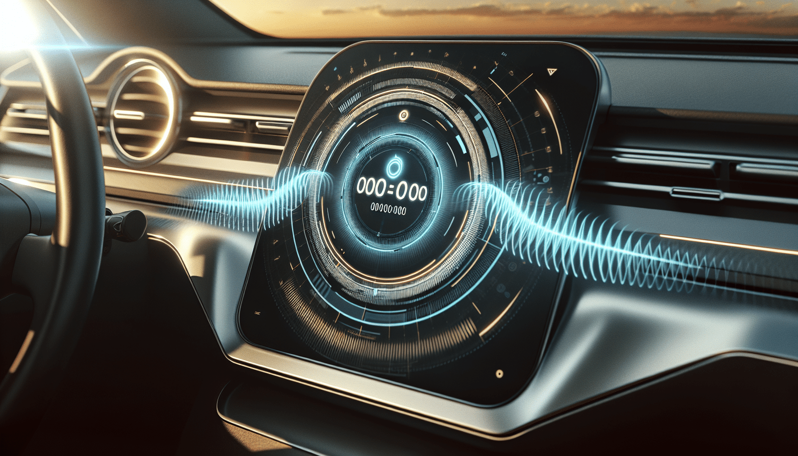 Un tableau de bord de Tesla futuriste avec un compte à rebours numérique affichant "00:00:00", et des ondes sonores stylisées émanant du centre de l'écran, suggérant une IA vocale prête à l'activation.