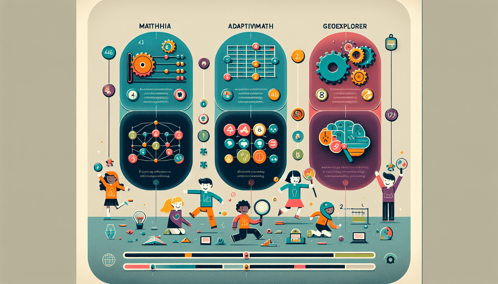 An infographic style image showing three distinct, colorful icons representing MATHIA (math symbols, abacus), AdaptivMath (gears adapting, brain), and GeoExplorer (globe, magnifying glass). Below, small illustrations of happy children enthusiastically using these tools in a modern, clean design.