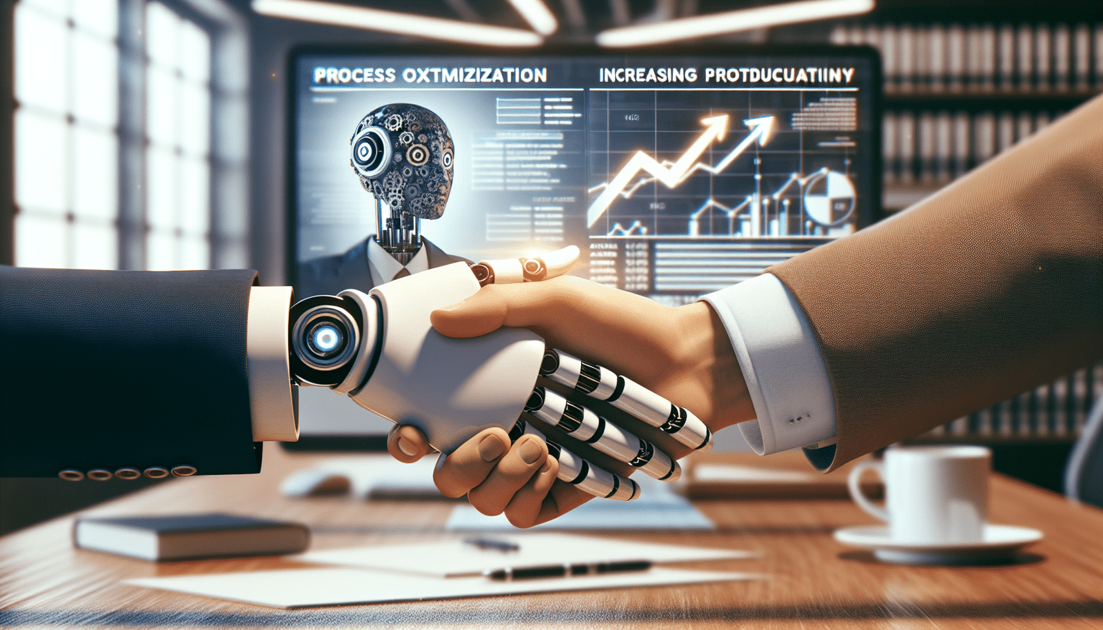 Gros plan sur une main humaine et une main robotique (stylisée, amicale) se serrant au-dessus d'une table de bureau. En arrière-plan flou, on aperçoit des schémas d'optimisation de processus et des chiffres de productivité en augmentation sur des écrans d'ordinateur. La scène est symbolique de la collaboration humain-IA pour l'efficacité. Couleurs douces et futuristes.