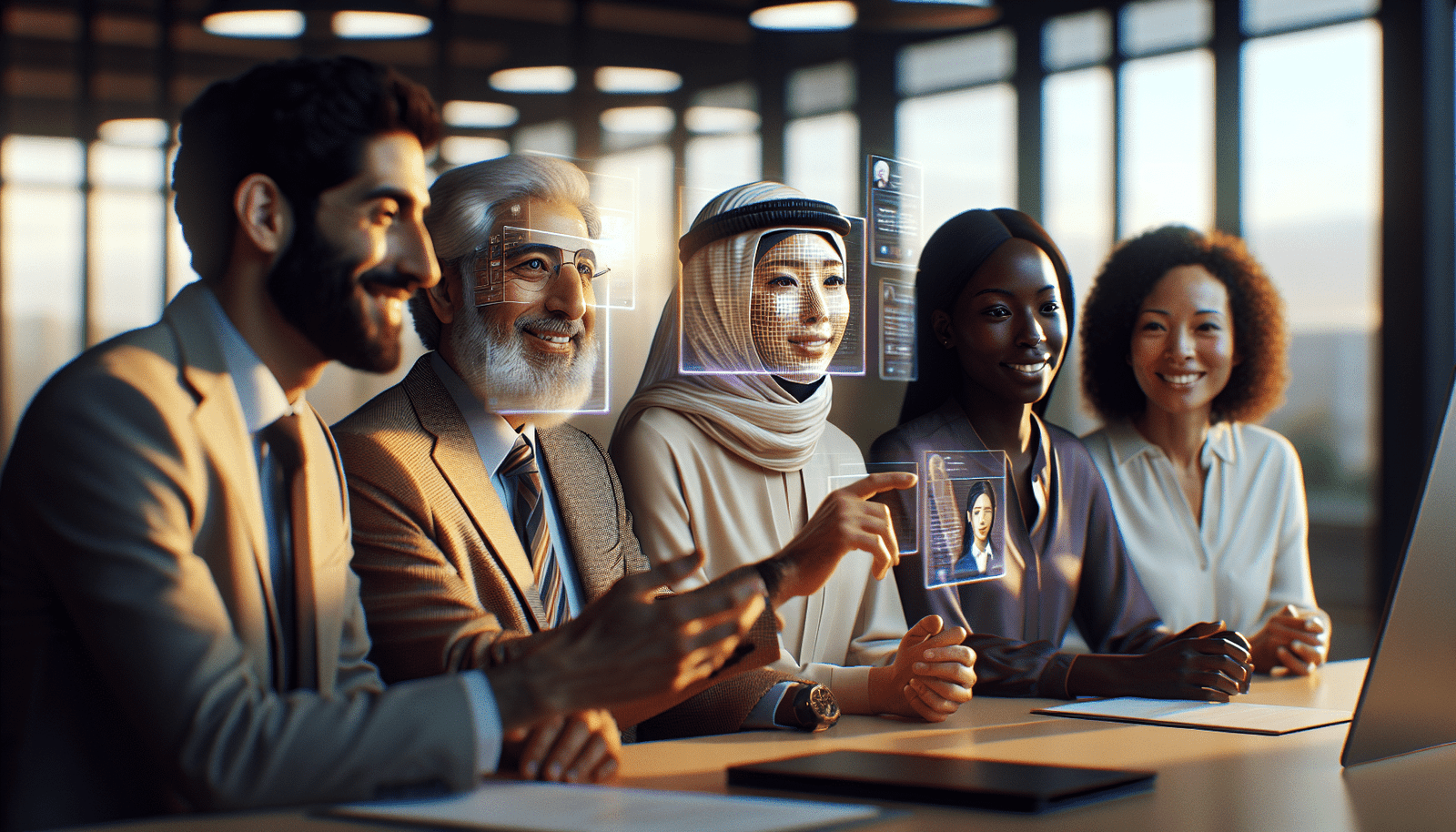 Un groupe de professionnels divers (homme, femme, âges variés) apprenant ensemble avec des interfaces holographiques d'IA. Ils sont engagés et souriants, montrant l'adaptation et la formation. Lumière douce, environnement d'apprentissage collaboratif et moderne.