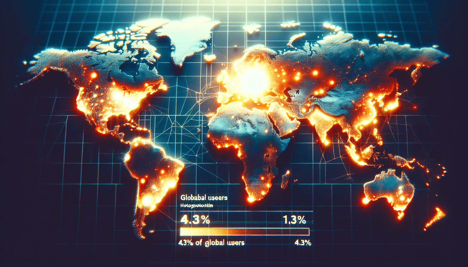 Carte du monde stylisée avec des hotspots lumineux représentant les zones de forte utilisation de ChatGPT. Un focus particulier est mis sur la France, mise en évidence avec un halo brillant et une étiquette de texte indiquant "4.3% des utilisateurs mondiaux". L'image adopte une esthétique data-driven et interconnectée, suggérant un réseau mondial.